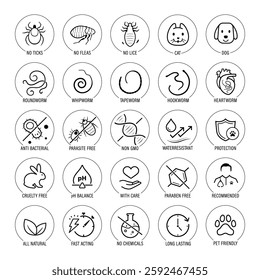 Set of vector icons focuses on pets parasites and worms. The icons are designed to be versatile, suitable for use in informational materials, veterinary goods, pet care, apps, and more. EPS10.