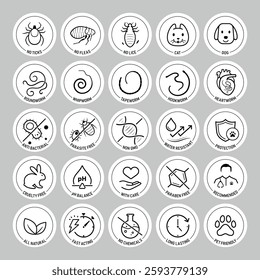 Set of vector icons focuses on pets parasites and worms. The icons are designed to be versatile, suitable for use in informational materials, veterinary goods, pet care, apps, and more. EPS10.