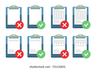 Set of vector icons of forms and blanks with symbols approved and rejected