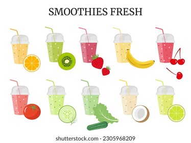 Set of vector icons of fruit and vegetable smoothies in plastic glasses on a white background. Flat design.