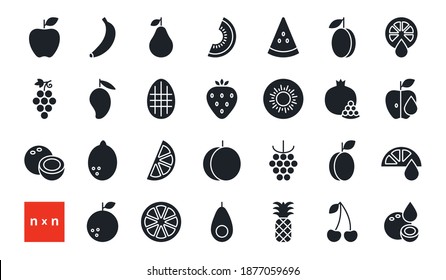 Set of vector icons. Fruits and berries. Black isolated silhouette. Fill solid icon. Modern minimalistic design.