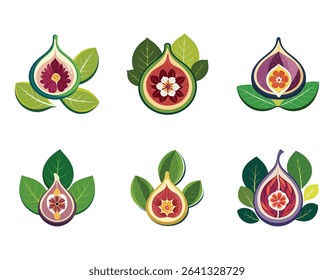 set of vector icons of fruits a fig tree flower icon hidden inside the fruit