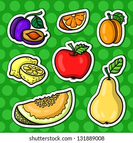 Set of vector icons, fruits stickers. Fresh fruits. Easily editable vector. Fruits family. Funny cartoon and vector isolated characters.