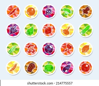 set of vector icons with fruits and vegetables on the polygon background