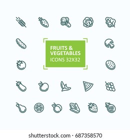 Set of vector icons of fruits and vegetables in the style of a thin line, editable stroke. 32x 32 perfect pixel