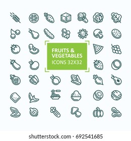 Set of vector icons of fruits and vegetables in the style of a thin line, editable stroke. 32x 32 perfect pixel