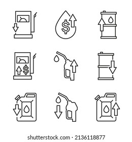 Set of vector icons of fuel, gasoline, oil barrel, nozzle. Rise and fall in the stock market. Editable stroke. 