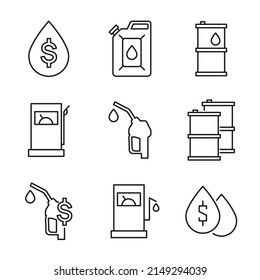 Conjunto de iconos vectoriales de combustible, gasolina, barril de petróleo, boquilla, precio del combustible. Trazo editable. 