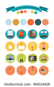 Set of vector icons of furniture and accessories in the style of 70's. Set of icons of the seventies.