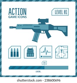 Set of vector icons for a game in the genre of shooter or action.