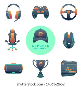 set of vector icons of gaming e-sports equipment in black and orange color on isolated background