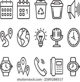 Set of vector icons of garbage,telephone icon,watch icon,recycle bin icon, microphone icon, location icon,lightbulb icon