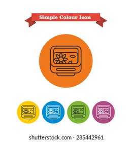 Set of vector icons with garden washbowl with floating flower and petals, with text on red ribbon