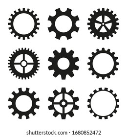 Set of vector icons of gear wheel, cogwheel mechanism. Black gearwheel on  white background.