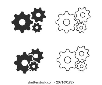 Set of vector icons, gears dark silhouette, black outline. Vector illustration, flat minimal cartoon design isolated on white background, eps 10.