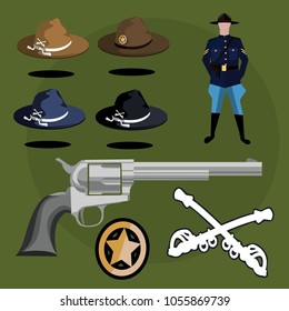 Set Of Vector Icons General Theme Of The Cavalry And Ranger. Caps, A Revolver, An Icon Of U.S. Cavalry In Blue During The Civil War. Insignia