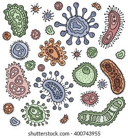 Set of vector icons with germs and microorganisms. Doodle illustration. Hand-drawn wallpaper with microbes. Vector illustration. Seamless pattern with germs on a white background