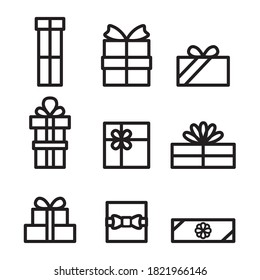 Set of vector icons. Gift box with ribbon and bow Pack of eps drawings of presents. Collection of pictograms for advertising, social media, online shops. Celebration logo, sale symbol. Flat web icons.