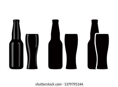 Set of vector icons of glass bottle and beer glass. Dark silhouettes on a white background.