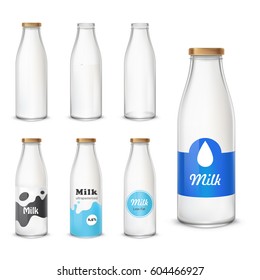 Set of vector icons glass bottles empty and with a milk in a realistic style. Milk bottles with different label patterns isolated on white background