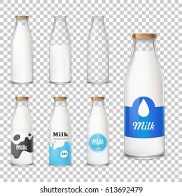 Set of vector icons glass bottles empty and with a milk in a realistic style. Milk bottles with different label patterns isolated on transparent background