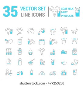Set vector icons graphic thin outline in a linear design. Element emblem symbols of goat milk, the dairy industry and dairy products.Organic product. Cheese, Allergy-free baby food, dry milk.