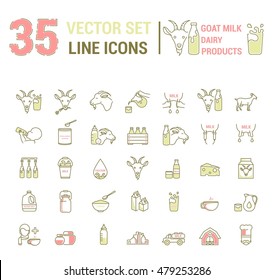 Set vector icons graphic thin outline in a linear design. Element emblem symbols of goat milk, the dairy industry and dairy products.Organic product. Cheese, Allergy-free baby food, dry milk.