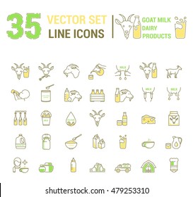 Set vector icons graphic thin outline in a linear design. Element emblem symbols of goat milk, the dairy industry and dairy products.Organic product. Cheese, Allergy-free baby food, dry milk.