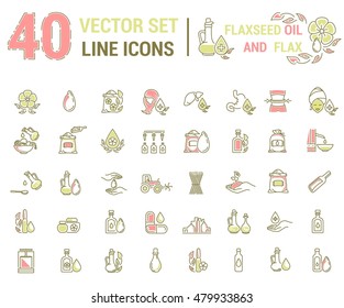 Set vector icons graphic thin outline in linear design. Element emblem symbols. Linseed oil flaxseed oil. Organic product. Herbal oil for Spa treatments hand care hair care, treatment liver and body