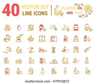 Set vector icons graphic thin outline in linear design. Element emblem symbols. Linseed oil flaxseed oil. Organic product. Herbal oil for Spa treatments hand care hair care, treatment liver and body