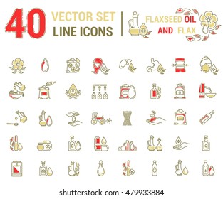 Set vector icons graphic thin outline in linear design. Element emblem symbols. Linseed oil flaxseed oil. Organic product. Herbal oil for Spa treatments hand care hair care, treatment liver and body