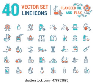 Set vector icons graphic thin outline in linear design. Element emblem symbols. Linseed oil flaxseed oil. Organic product. Herbal oil for Spa treatments hand care hair care, treatment liver and body