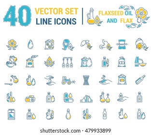 Set vector icons graphic thin outline in linear design. Element emblem symbols. Linseed oil flaxseed oil. Organic product. Herbal oil for Spa treatments hand care hair care, treatment liver and body