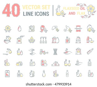 Set vector icons graphic thin outline in linear design. Element emblem symbols. Linseed oil flaxseed oil. Organic product. Herbal oil for Spa treatments hand care hair care, treatment liver and body