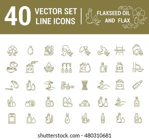 Set vector icons graphic thin outline in linear design. Element emblem symbols. Linseed oil flaxseed oil. Organic product. Herbal oil for Spa treatments hand care hair care, treatment liver and body