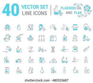 Set vector icons graphic thin outline in linear design. Element emblem symbols. Linseed oil flaxseed oil. Organic product. Herbal oil for Spa treatments hand care hair care, treatment liver and body