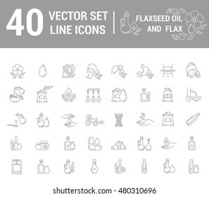 Set vector icons graphic thin outline in linear design. Element emblem symbols. Linseed oil flaxseed oil. Organic product. Herbal oil for Spa treatments hand care hair care, treatment liver and body