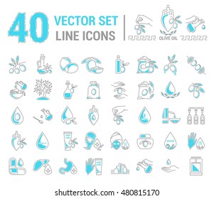 Set vector icons graphic thin outline in a linear design. Element emblem symbols of olive oil and oil cosmetics.Organic product. natural care of skin, hands, face. the concept of healthy eating.