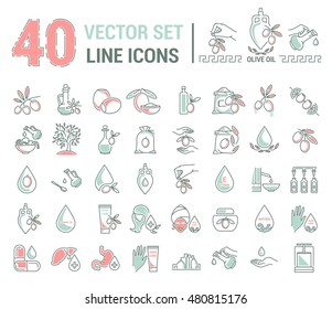 Set vector icons graphic thin outline in a linear design. Element emblem symbols of olive oil and oil cosmetics.Organic product. natural care of skin, hands, face. the concept of healthy eating.