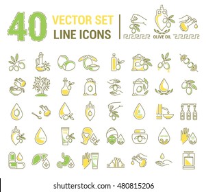 Set vector icons graphic thin outline in a linear design. Element emblem symbols of olive oil and oil cosmetics.Organic product. natural care of skin, hands, face. the concept of healthy eating.