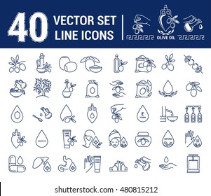 Definir ícones vetoriais contorno fino gráfico em um experimento linear. Elemento símbolos emblema de azeite e cosméticos de oliva. Produto orgânico. cuidado natural da pele, mãos, rosto. o conceito de alimentação saudável.