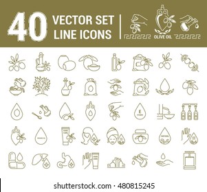 Set vector icons graphic thin outline in a linear design. Element emblem symbols of olive oil and oil cosmetics.Organic product. natural care of skin, hands, face. the concept of healthy eating.