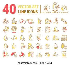 Set vector icons graphic thin outline in a linear design. Element emblem symbols of olive oil and oil cosmetics.Organic product. natural care of skin, hands, face. the concept of healthy eating.