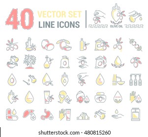 Set vector icons graphic thin outline in a linear design. Element emblem symbols of olive oil and oil cosmetics.Organic product. natural care of skin, hands, face. the concept of healthy eating.