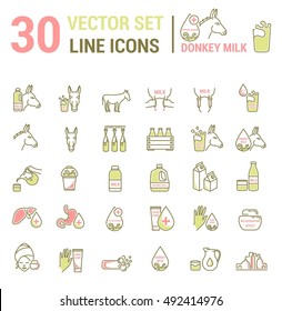 Set vector icons graphic thin outline in a linear design. Element emblem symbols of donkey milk, the dairy industry and dairy products.Organic product. Allergy-free. Healthy body care