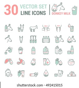 Set vector icons graphic thin outline in a linear design. Element emblem symbols of donkey milk, the dairy industry and dairy products.Organic product. Allergy-free. Healthy body care