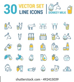 Set vector icons graphic thin outline in a linear design. Element emblem symbols of donkey milk, the dairy industry and dairy products.Organic product. Allergy-free. Healthy body care