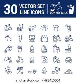 Set vector icons graphic thin outline in a linear design. Element emblem symbols of donkey milk, the dairy industry and dairy products.Organic product. Allergy-free. Healthy body care
