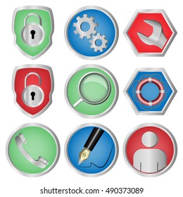 Set of vector icons for graphic and web design. Isolated on white background. Security, configuration, search, help, comment, review, communication, consultant.