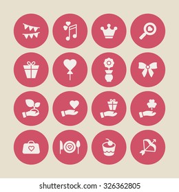 A set of vector icons, graphics for wedding, bag, cook, cake, bow, flag, note, crown, magnifier, gift, balloon, flower, ribbon, hand, clover, heart.
